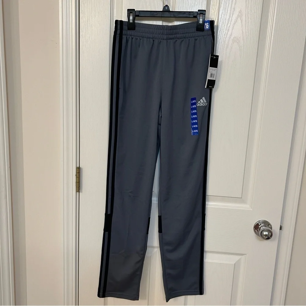 Adidas youth boys' 3-stripe active pants in grey with black stripes size L 14/16